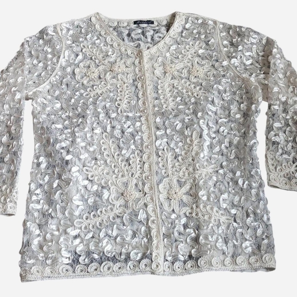 Vintage Sheer Embroidered Lace Top Faux Pearl Button Up Blouse Cottage, Large - Picture 9 of 9